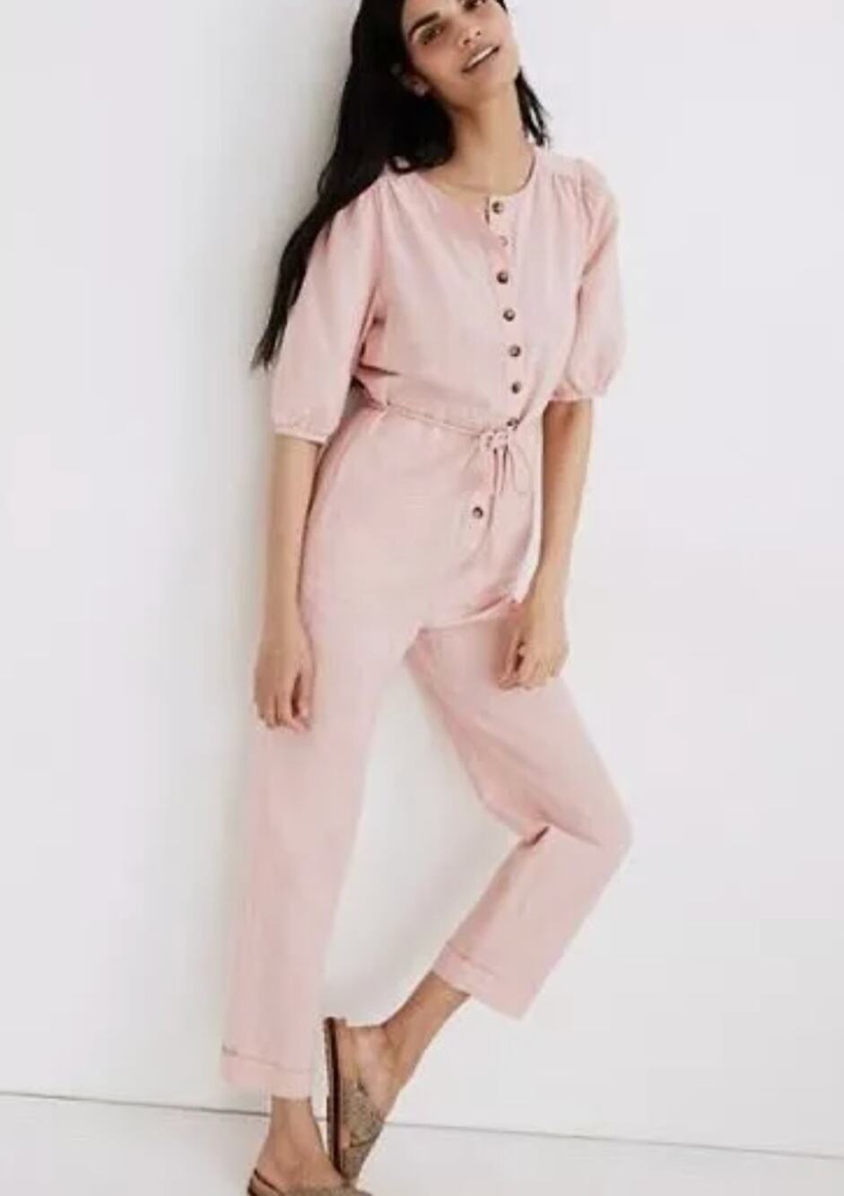 Madewell Pink Linen Cotton Button Front Puff Sleeve Jumpsuit Womens XS